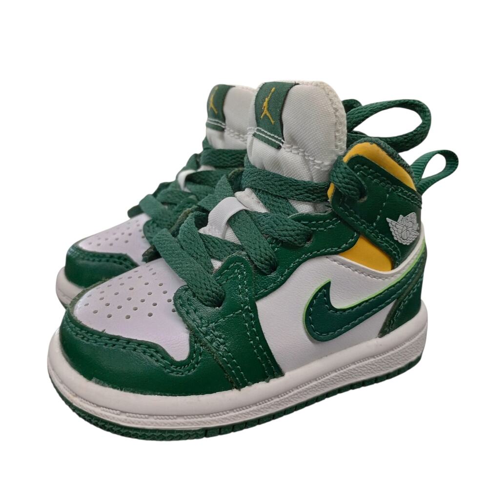 Boys/Toddler/Baby 3C Jordan 1 Mid Sneakers Noble Green White Lace Up EASY ON